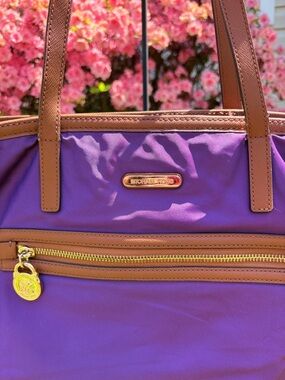 Michael Kors Purple Tote with Brown Trim and Gold Hardware-see callouts